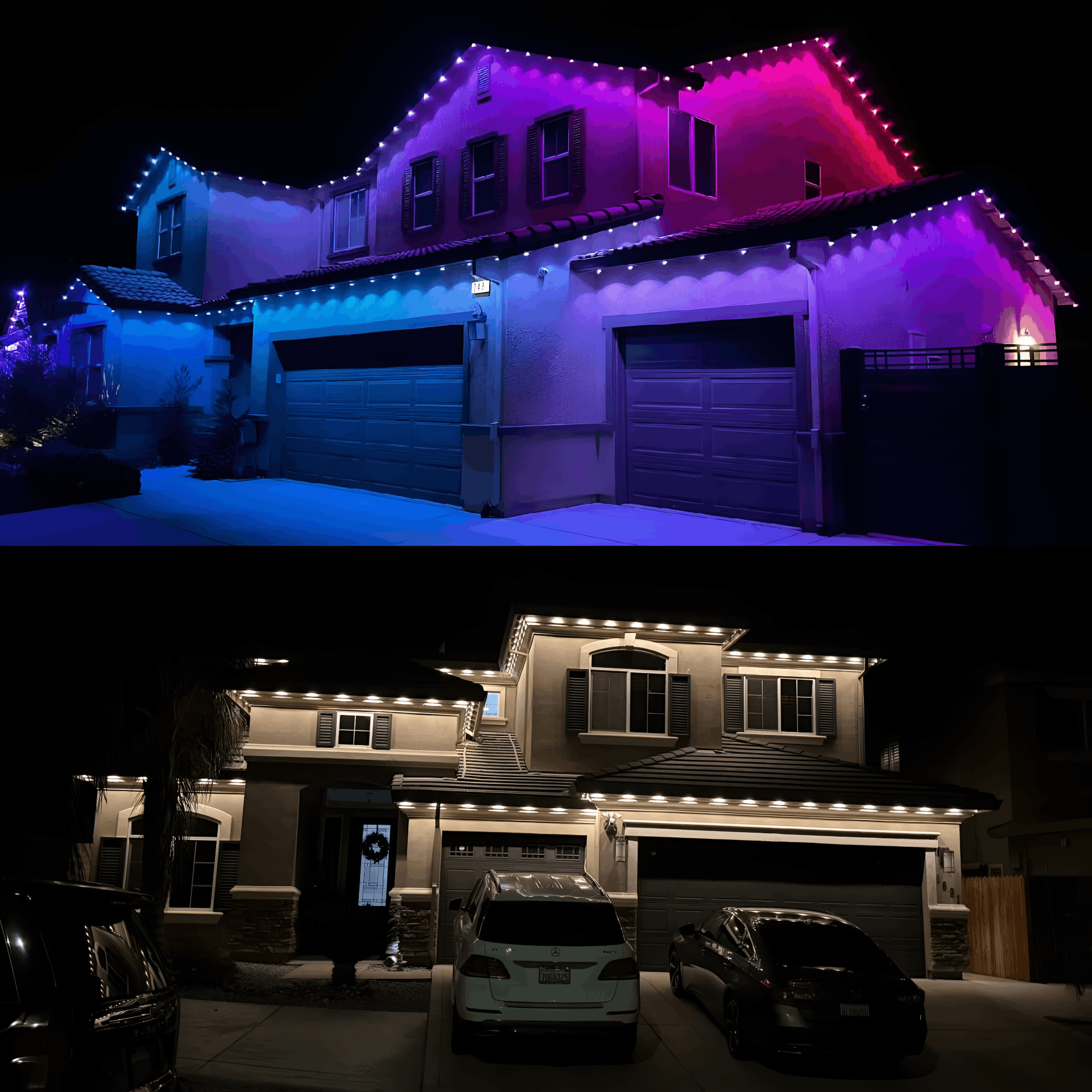Texas home at night with app-controlled permanent LED roofline lighting by Arvex Solutions, serving Houston and DFW