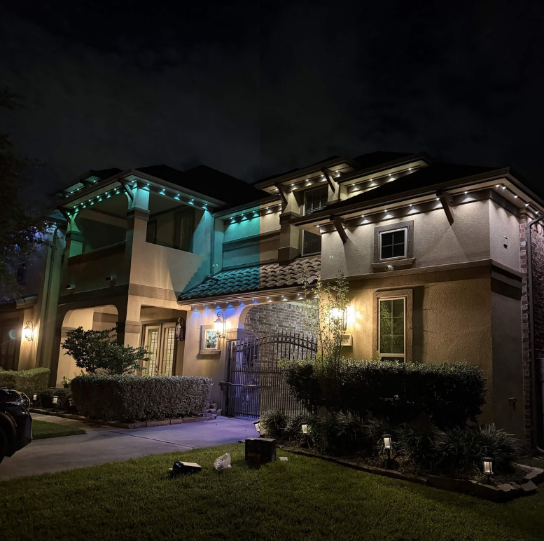 Texas home at night with app-controlled permanent LED roofline lighting by Arvex Solutions, serving Houston and DFW